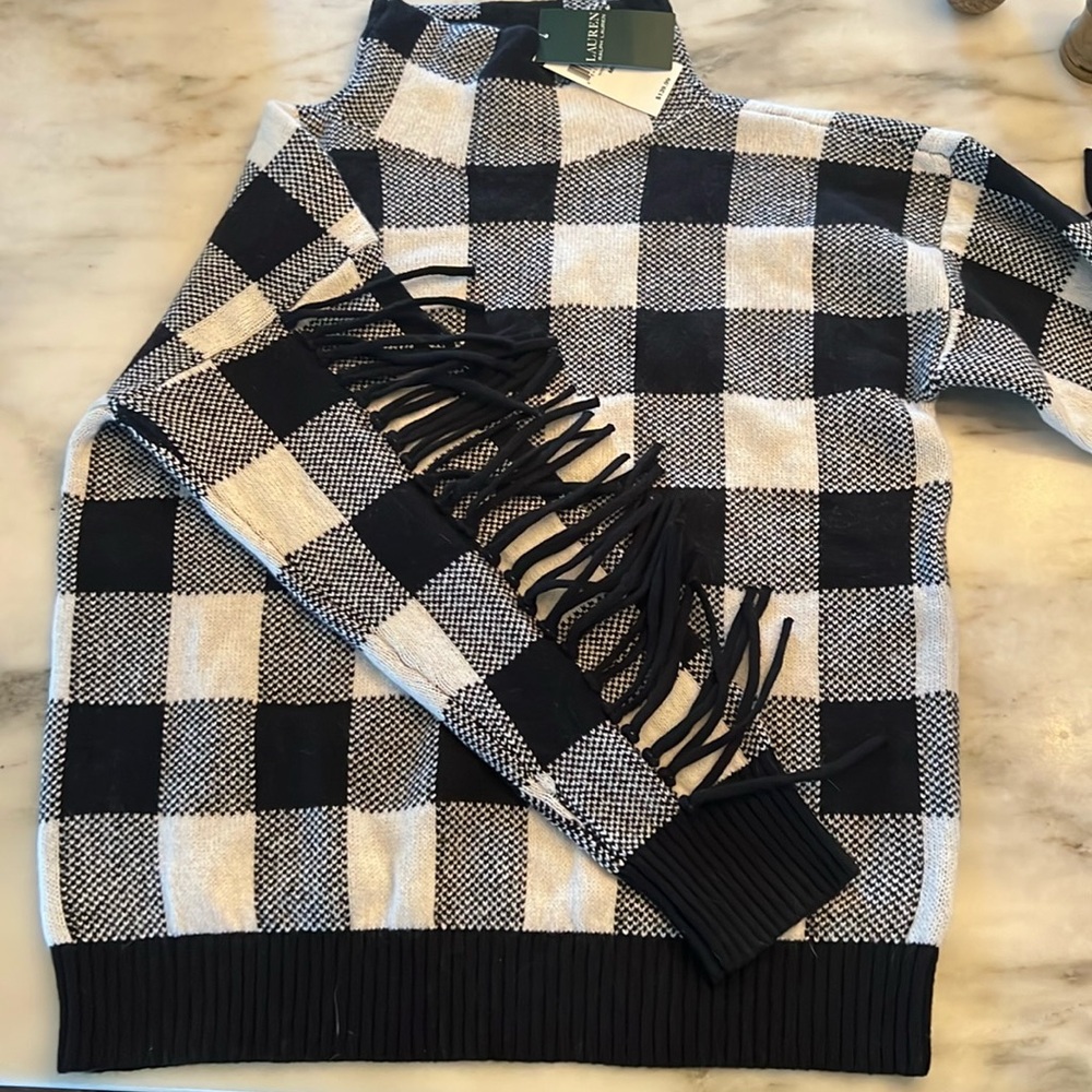 Ralph Lauren, black and winter cream check with fringe sweater, MWT
